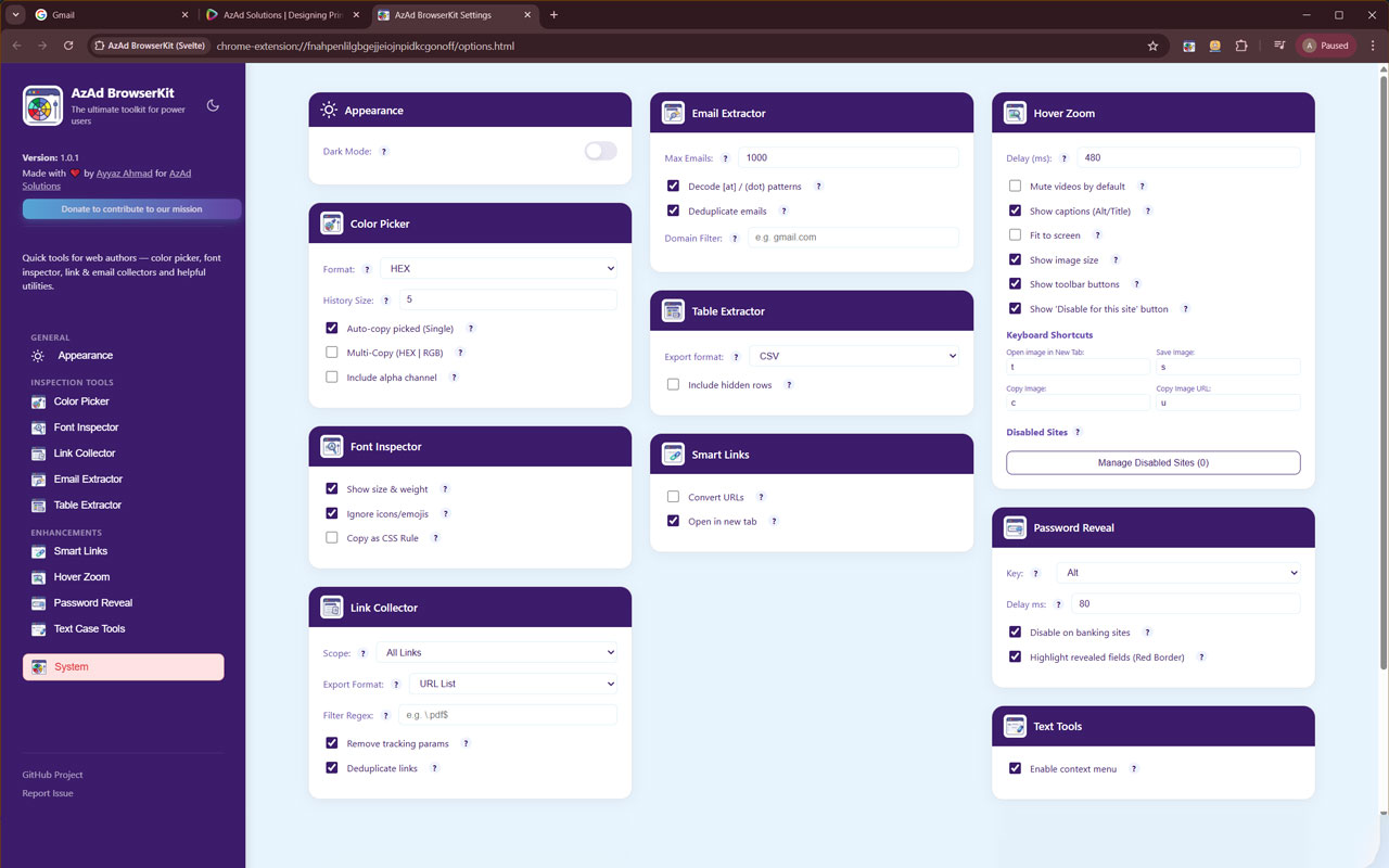 Extension Settings Page